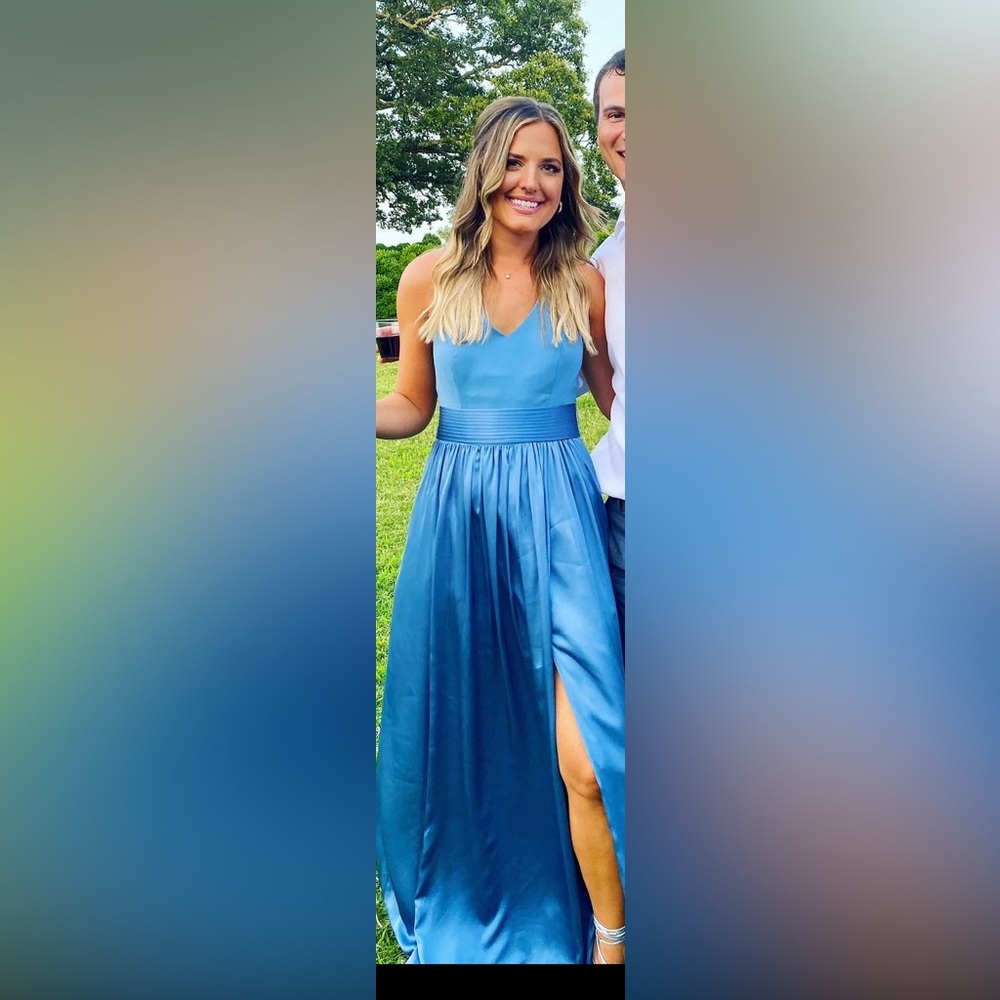 White by Vera Wang
V-Neck Steel Blue Halter Gown with Sash Bridesmaids Dress